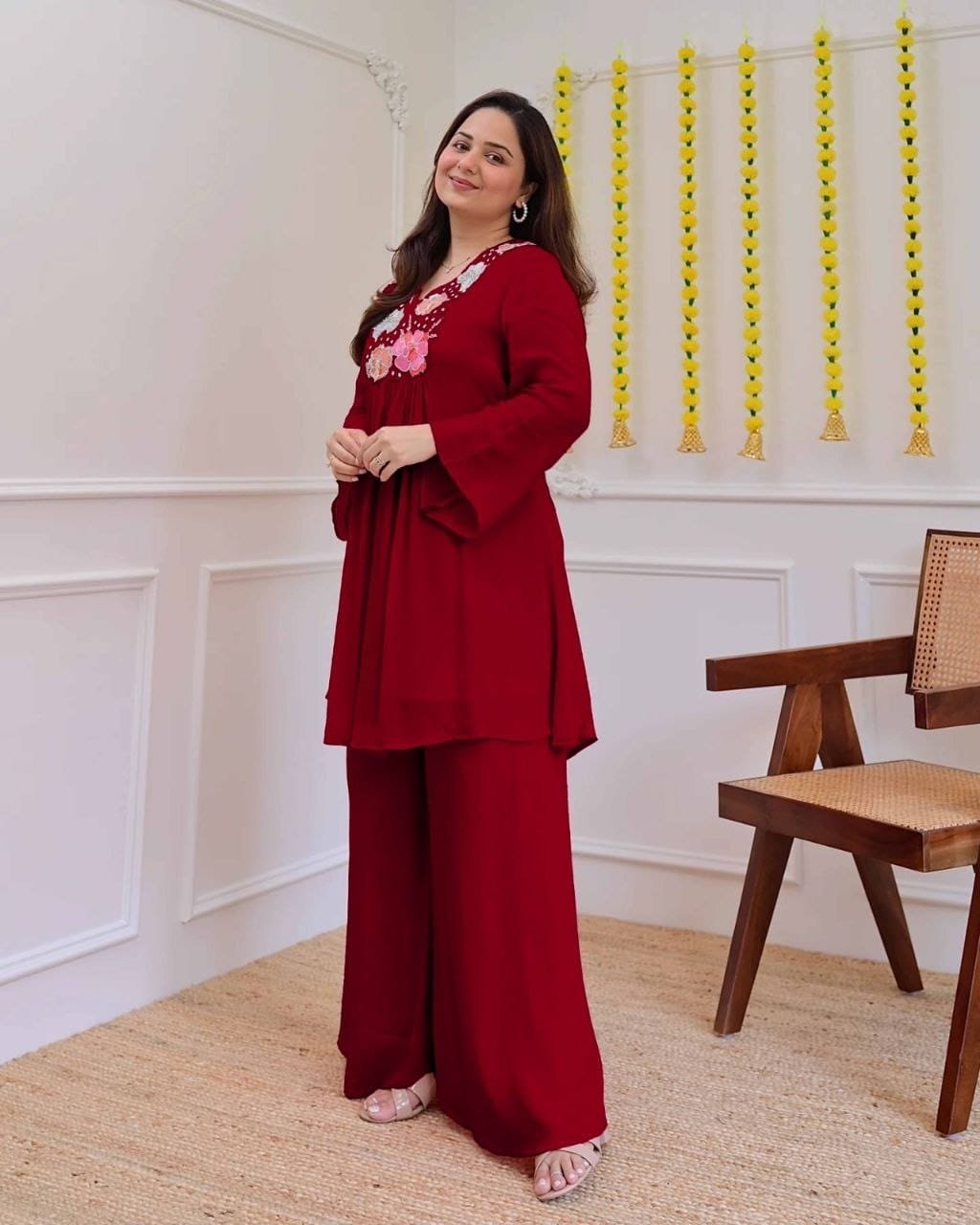 Co-ord WITH Festive season calls for outfits that shine as bright as the celebrations! Featuring this must-have festive pure Georgette Co-ord Sets, crafted with finest detailing, embroidery and designed for comfort and elegance.