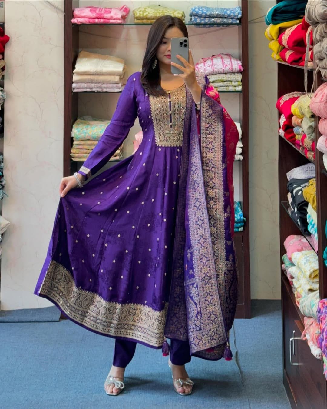 Anarkali Flared Kurti Pant Dupatta Set With Banana Silk Fabric Jashn-E-Bahaaraa Anarkali Flared Kurti Pant Dupatta Set - Image 3