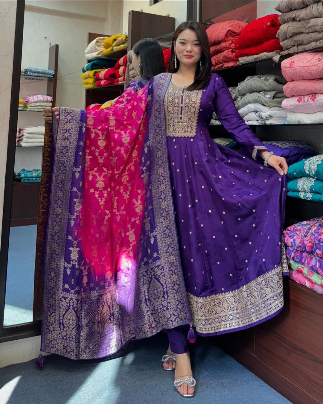 Anarkali Flared Kurti Pant Dupatta Set With Banana Silk Fabric Jashn-E-Bahaaraa Anarkali Flared Kurti Pant Dupatta Set
