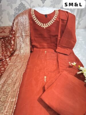 Alternative view of Premium Roman SilK Round Neck Kurti With Pant and z-card Duppata With four side traditional LatkaN