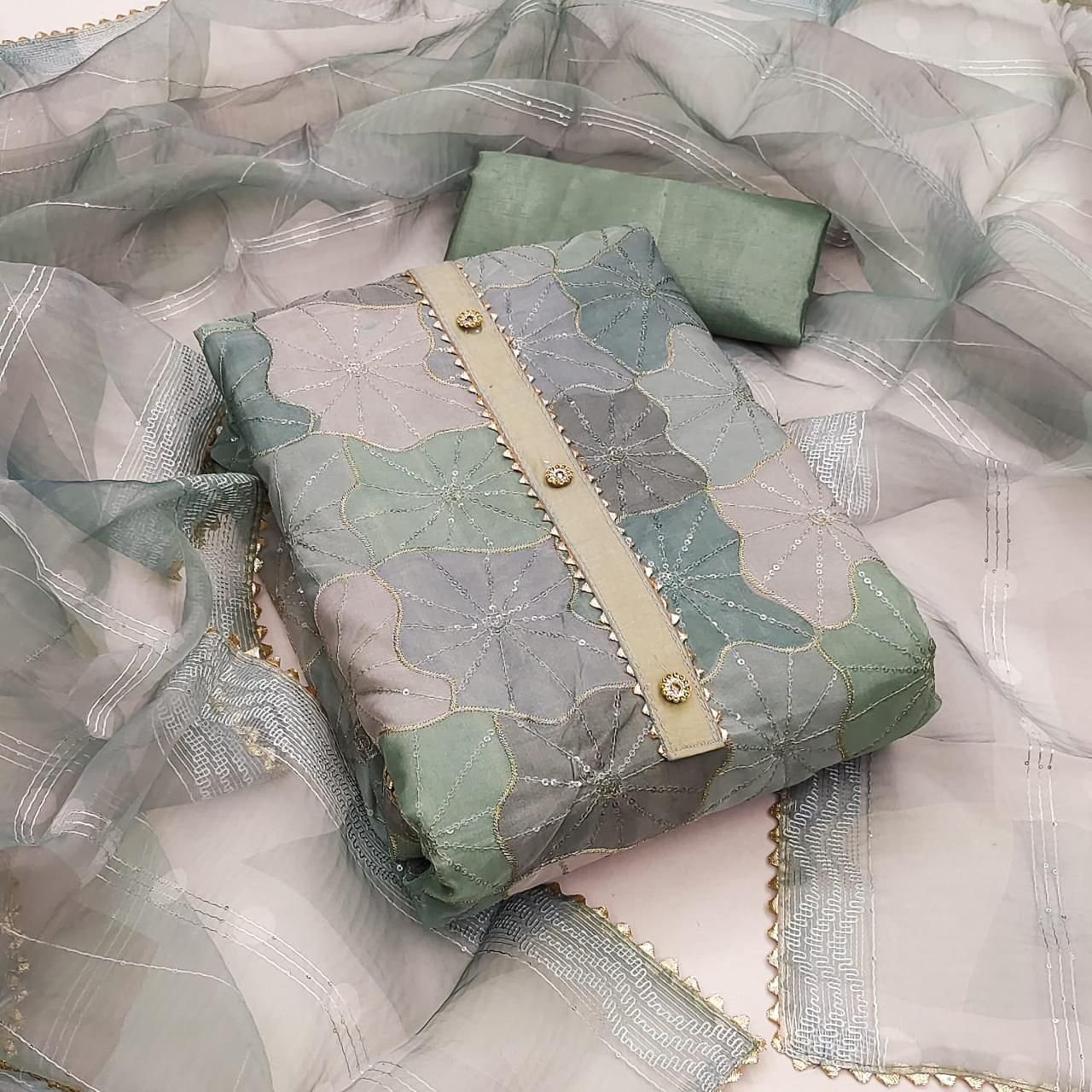 TOP BOTTOM DUPATTA WITH ORGANZA SILK WORK WITH POSITION PRINT FABRIC - Image 8