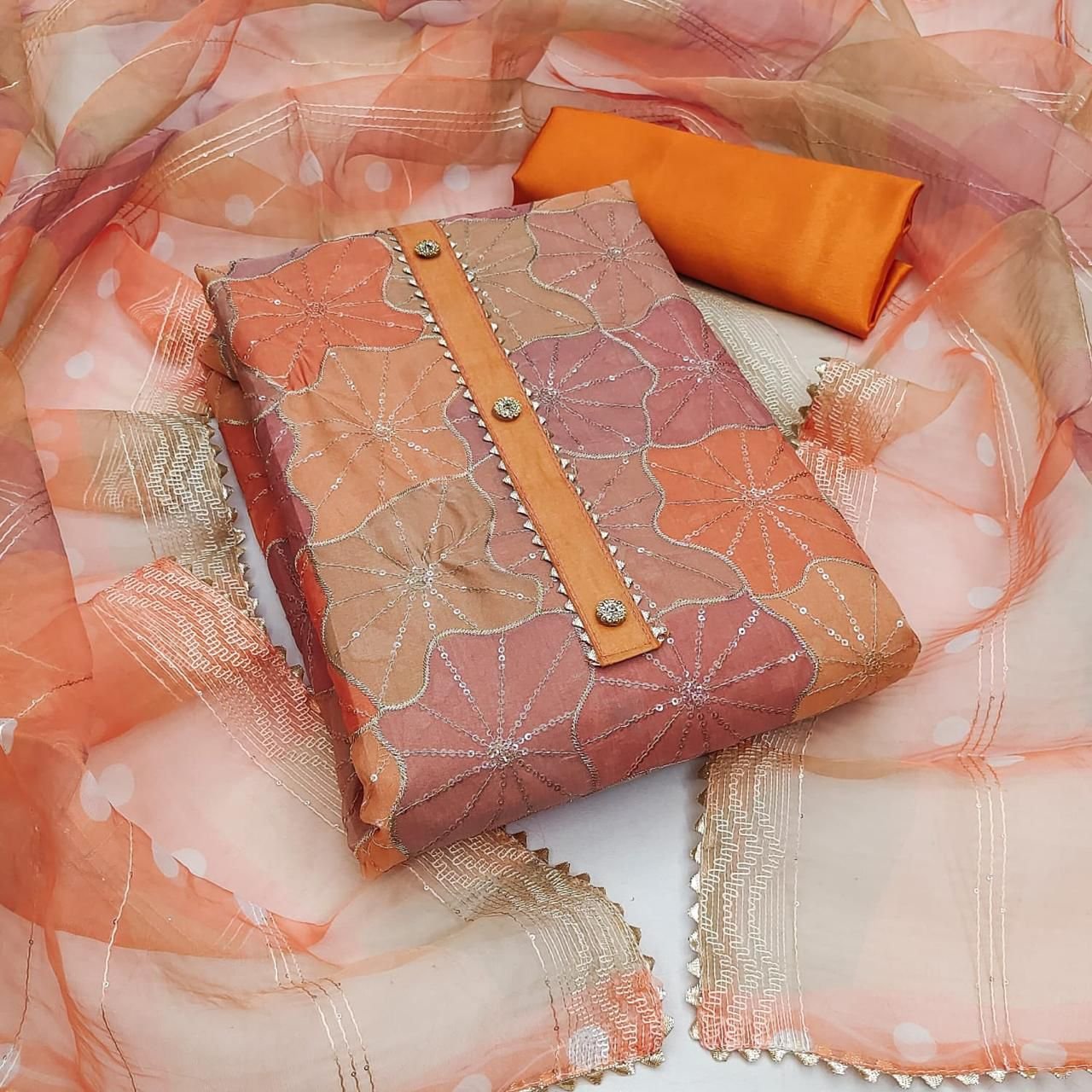 TOP BOTTOM DUPATTA WITH ORGANZA SILK WORK WITH POSITION PRINT FABRIC - Image 3