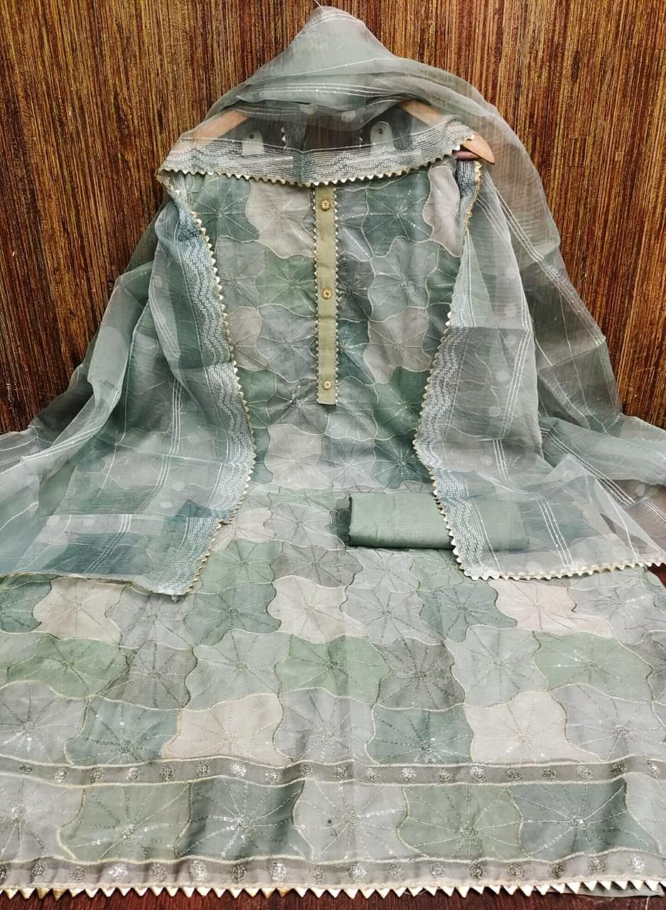 TOP BOTTOM DUPATTA WITH ORGANZA SILK WORK WITH POSITION PRINT FABRIC - Image 7