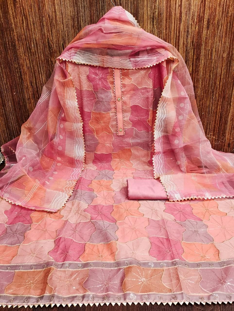 TOP BOTTOM DUPATTA WITH ORGANZA SILK WORK WITH POSITION PRINT FABRIC - Image 5