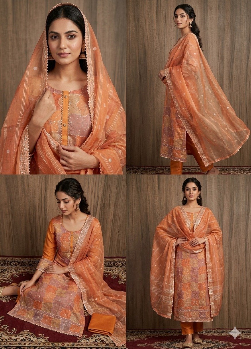 TOP BOTTOM DUPATTA WITH ORGANZA SILK WORK WITH POSITION PRINT FABRIC