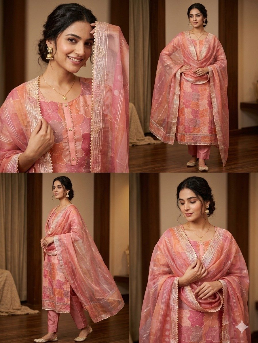 TOP BOTTOM DUPATTA WITH ORGANZA SILK WORK WITH POSITION PRINT FABRIC - Image 4