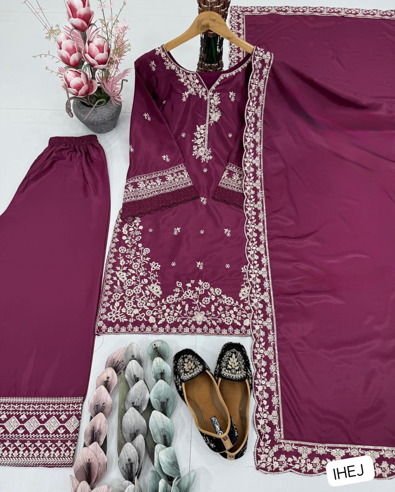 AK TOP-PLAZZO DUPATTA SET WITH HEAVY FRANCH CRAP FABRIC DESIGNER HEAVY FRANCH CRAP EMBROIDERED SEQUENCE WORK WITH FANCY TOP-PLAZZO DUPATTA SET - Image 2