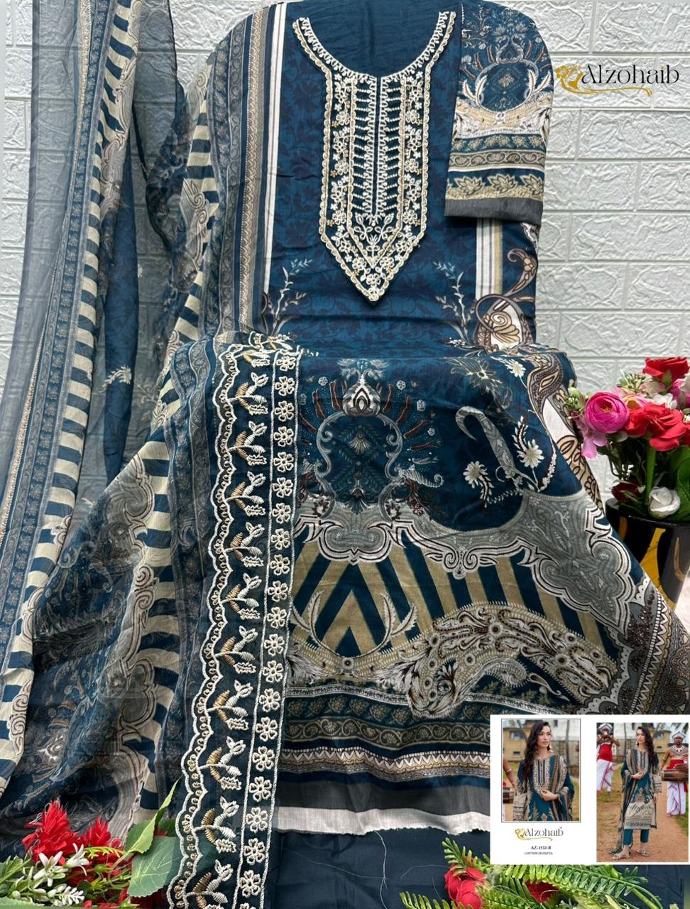 ALZOHAIB Ayesha vol 1 TOP Bottom Dupatta WITH pure cotton with heavy patch work - Image 2