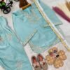 AK Top & Farshi Palazzo& Dupatta Set WITH Pure Roman Glass Sillk FABRICE With Fancy Belly Sleeves 