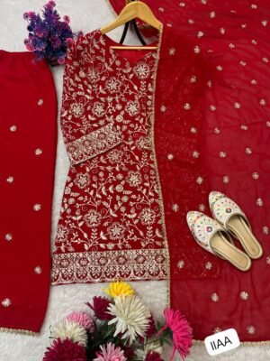 Alternative view of AK COLLECTION TOP AND PLAZZO WITH DUPATTA SET WITH AUX GEORGETTE FABRICS WITH LAUNCH FESTIVAL SPECIAL SEQUENCE EMBROIDERY ON SILK FABRIC TOP AND PLAZZO WITH DUPATTA SET