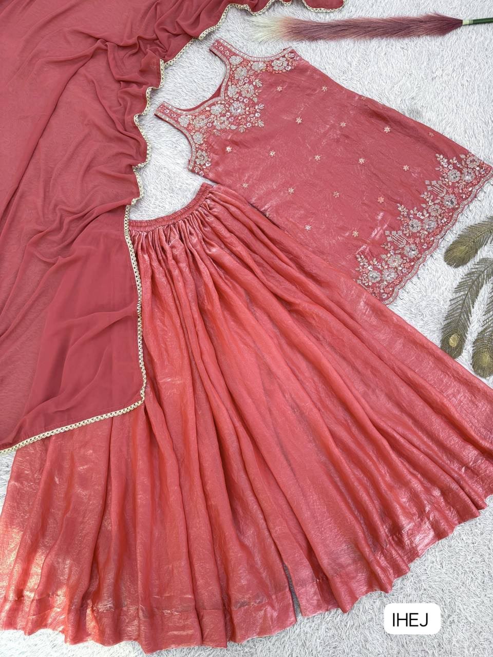 AK KURTI WITH PLAZZO AND BEAUTIFUL DUPATTA WITH PURE FRENDY SILK FABRIC WITH BEAUTIFUL EMBROIDERY SEQUENCE AND THREAD WORK WITH READY MADE LACE . (UNSTITCHED SHORT SLEEVE FABRIC) - Image 4