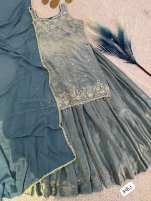Alternative view of AK KURTI WITH PLAZZO AND BEAUTIFUL DUPATTA WITH PURE FRENDY SILK FABRIC WITH BEAUTIFUL EMBROIDERY SEQUENCE AND THREAD WORK WITH READY MADE LACE . (UNSTITCHED SHORT SLEEVE FABRIC)