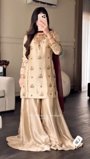 Top & Sarara & Dupatta WITH Pure Natural Crep With Embroidery 5mm Siqwans Work With FABRIC Full-Sleeves Work 