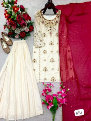 Alternative view of Top & Sarara & Dupatta WITH Pure Natural Crep With Embroidery 5mm Siqwans Work With FABRIC Full-Sleeves Work 